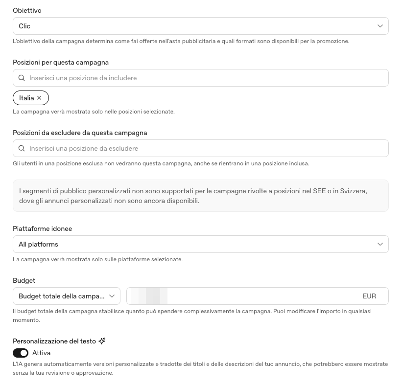 L'impostazione di una campagna con obiettivo Clic in Ads Manager: posizioni geografiche, piattaforme, budget e personalizzazione del testo.
