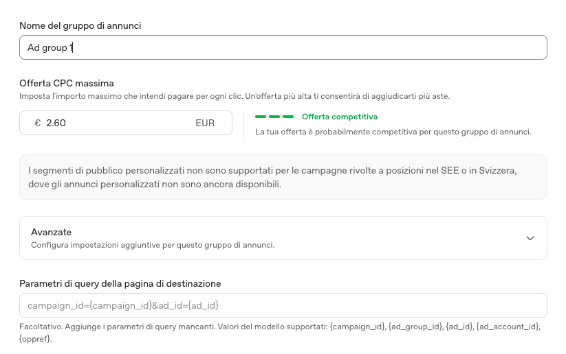Il gruppo di annunci: offerta CPC massima con indicatore di competitività e parametri di query per la pagina di destinazione.