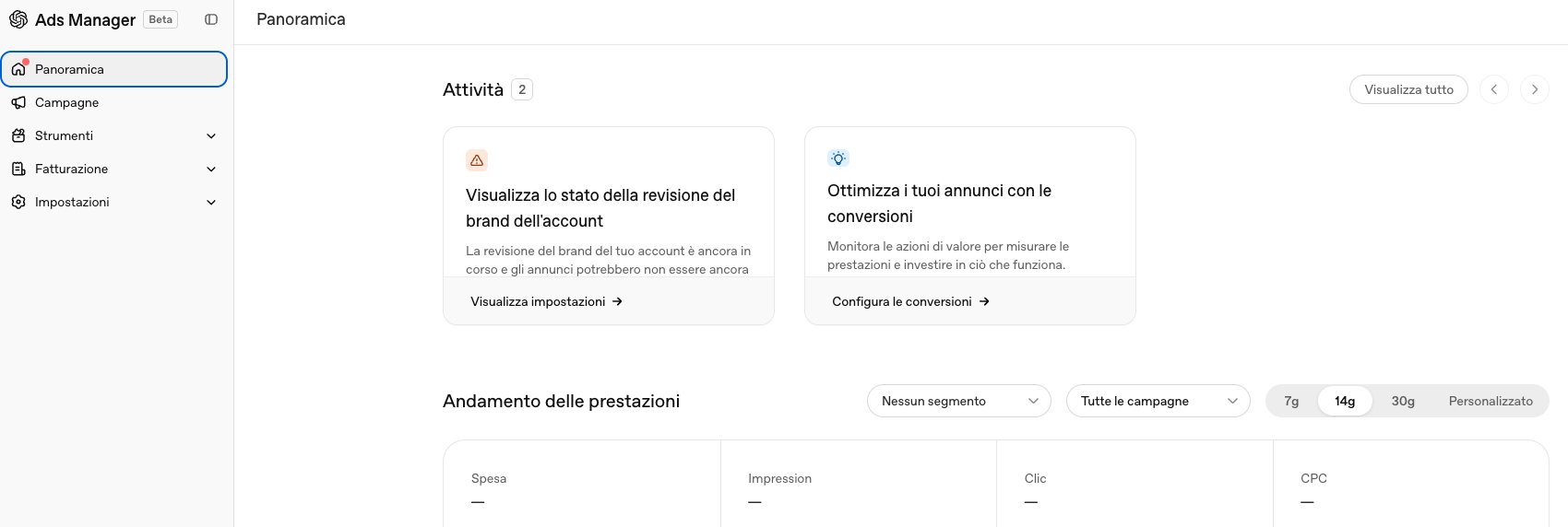 La panoramica di Ads Manager: attività dell'account e andamento di spesa, impression, clic e CPC.
