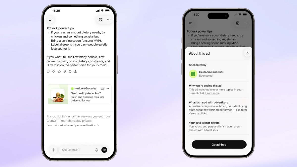 Il pannello che spiega perché un annuncio è comparso, cosa viene condiviso con l'inserzionista e come passare all'esperienza senza pubblicità. Fonte: OpenAI