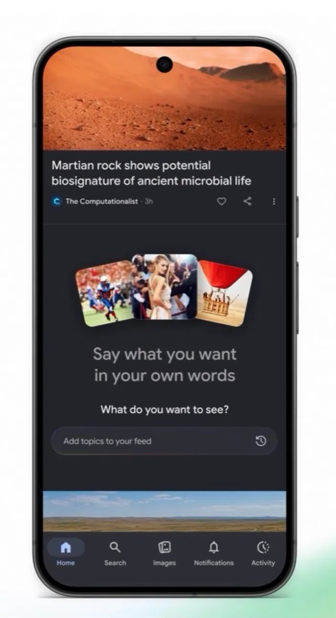 Il nuovo ingresso alla personalizzazione del feed: l'utente aggiunge argomenti con parole proprie. Fonte: Google