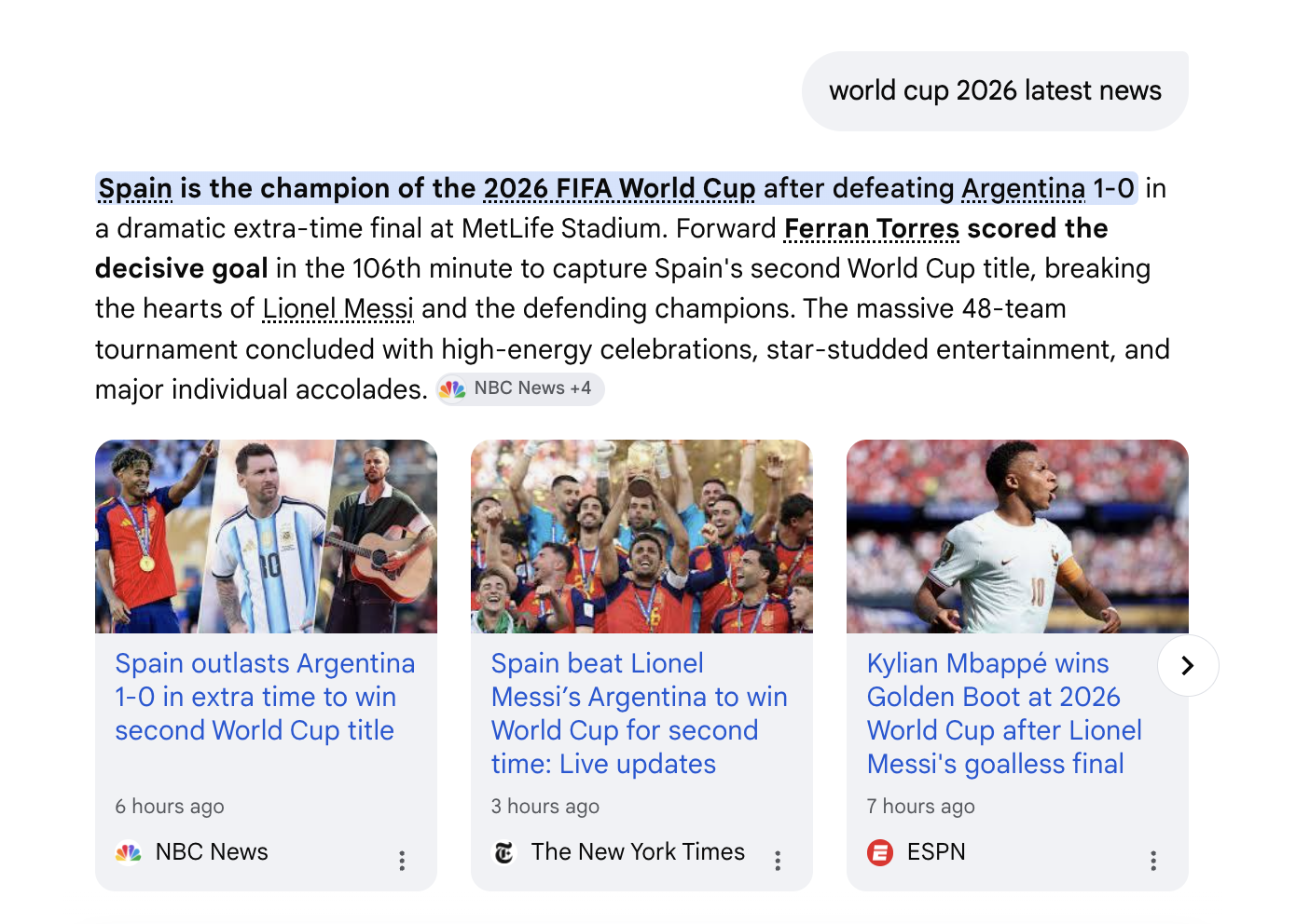 Le Top Stories dentro l'AI Mode di Google: sotto la risposta generata sulla finale, il carosello di notizie con le fonti citate