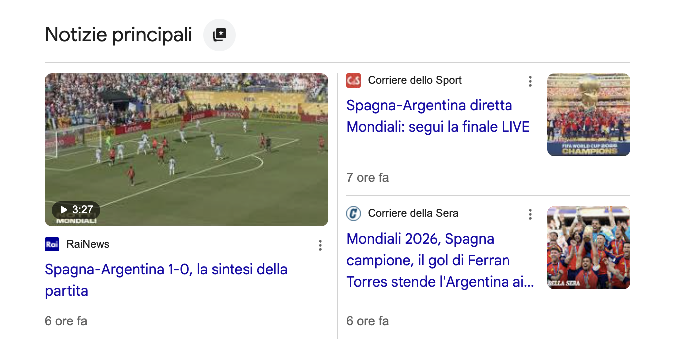Le Top Stories di Google sulla finale Spagna-Argentina: il carosello di notizie che compare in cima alla Ricerca